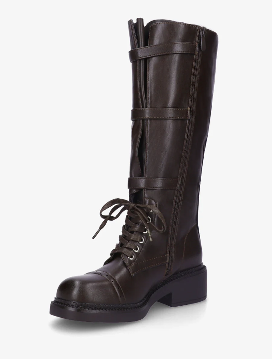 Bottes à lacets et triple sangles en simili - Marron - Image 3