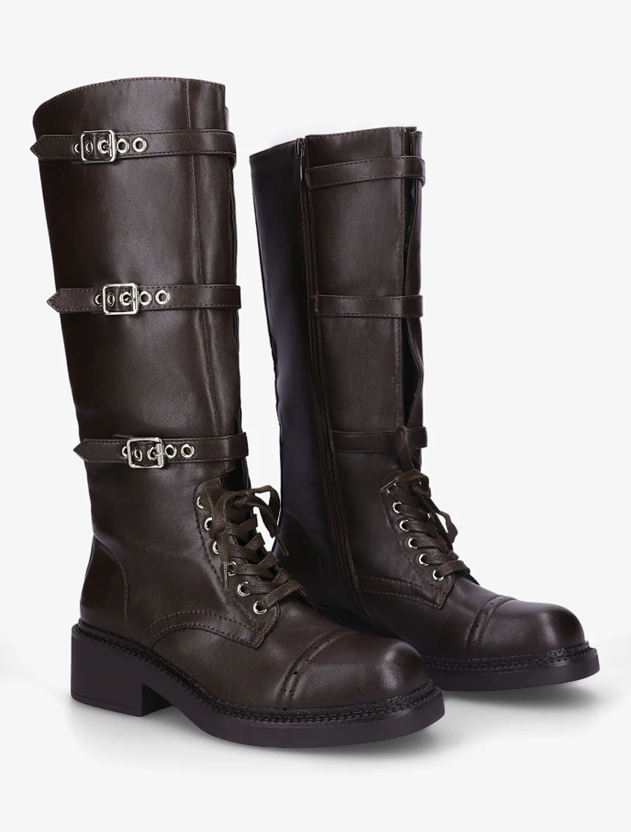 Bottes à lacets et triple sangles en simili - Marron - Image 4