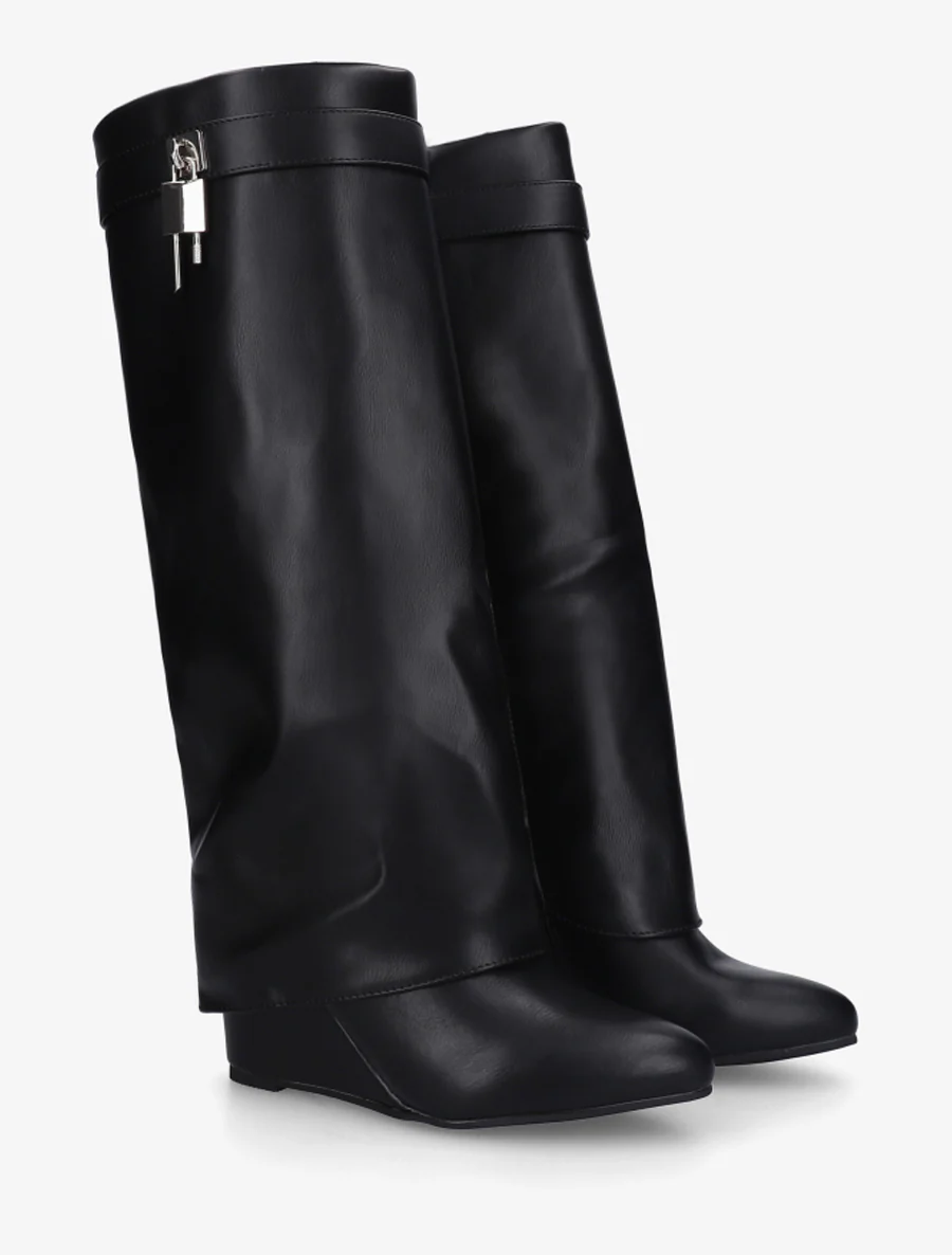 Bottes à talon compensé et revers - Noir - Image 4