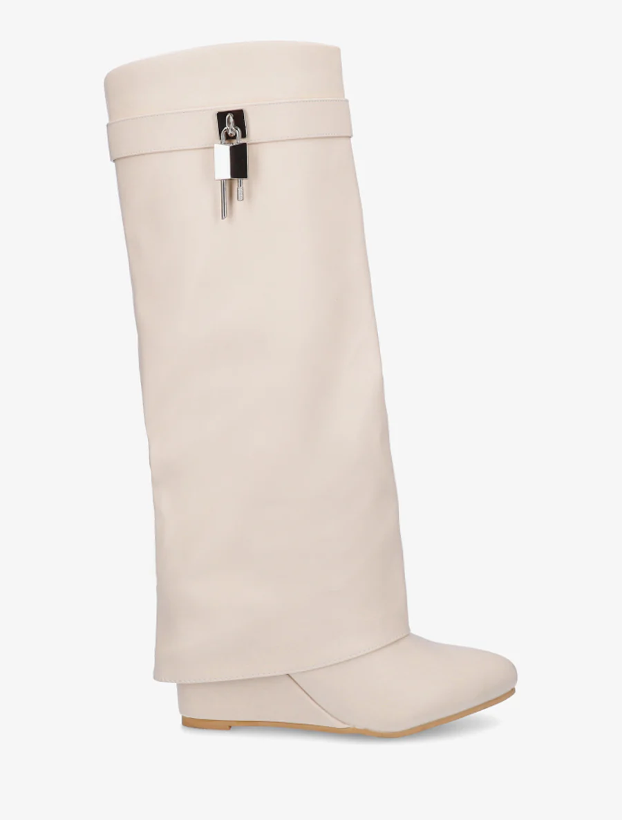 Bottes à talon compensé et revers - Beige