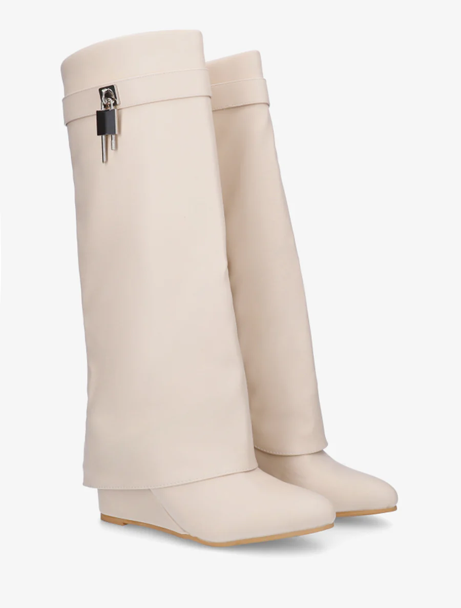 Bottes à talon compensé et revers - Beige - Image 4