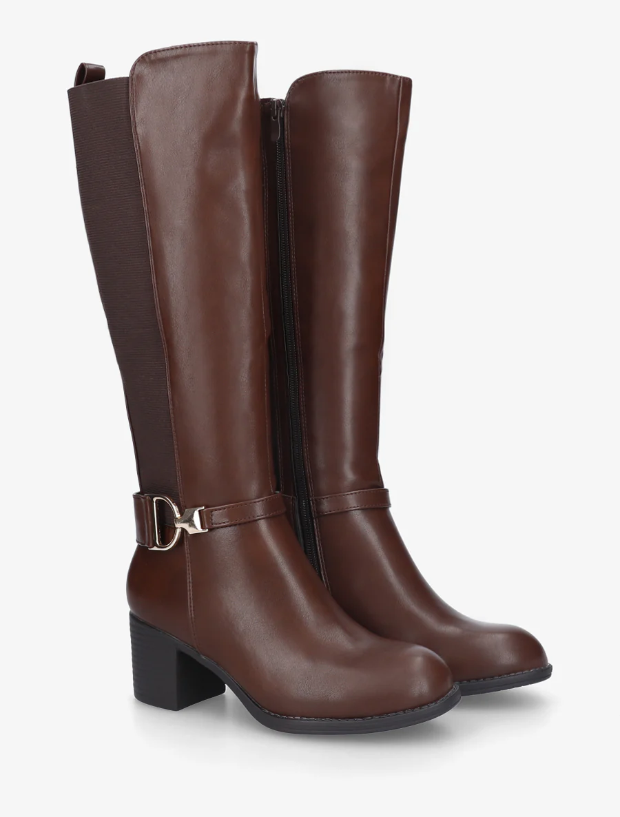 Bottes élastiquées à talon en simili - Marron - Image 4