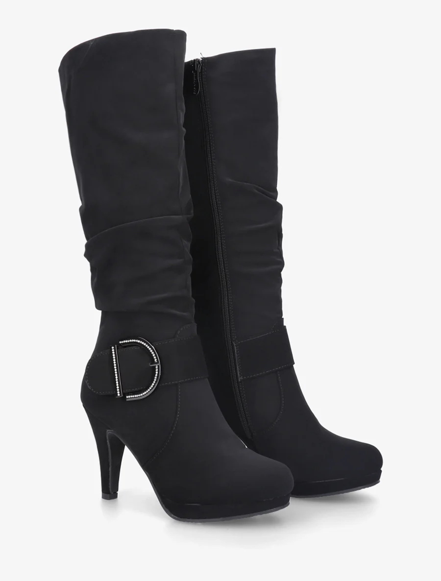 Bottes unies effet nubuck à boucle strassée - Noir - Image 4