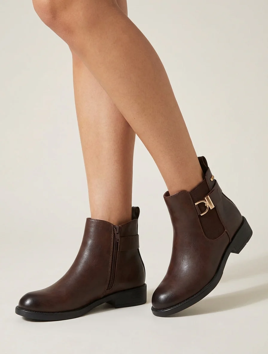 Bottines à cheville élastiquée et boucle décorative - Marron - Image 5