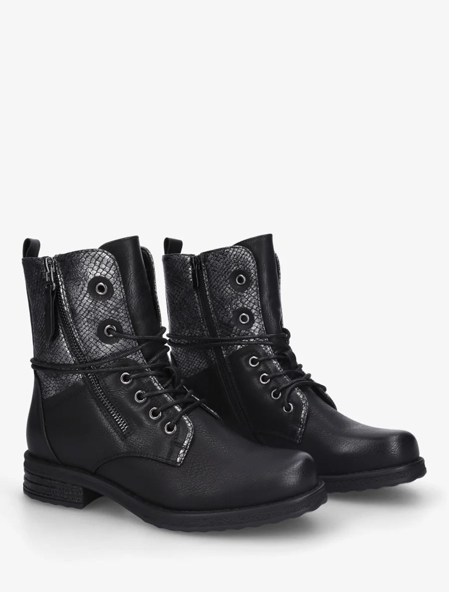 Bottines à lacets et détail imprimé croco - Noir - Image 4