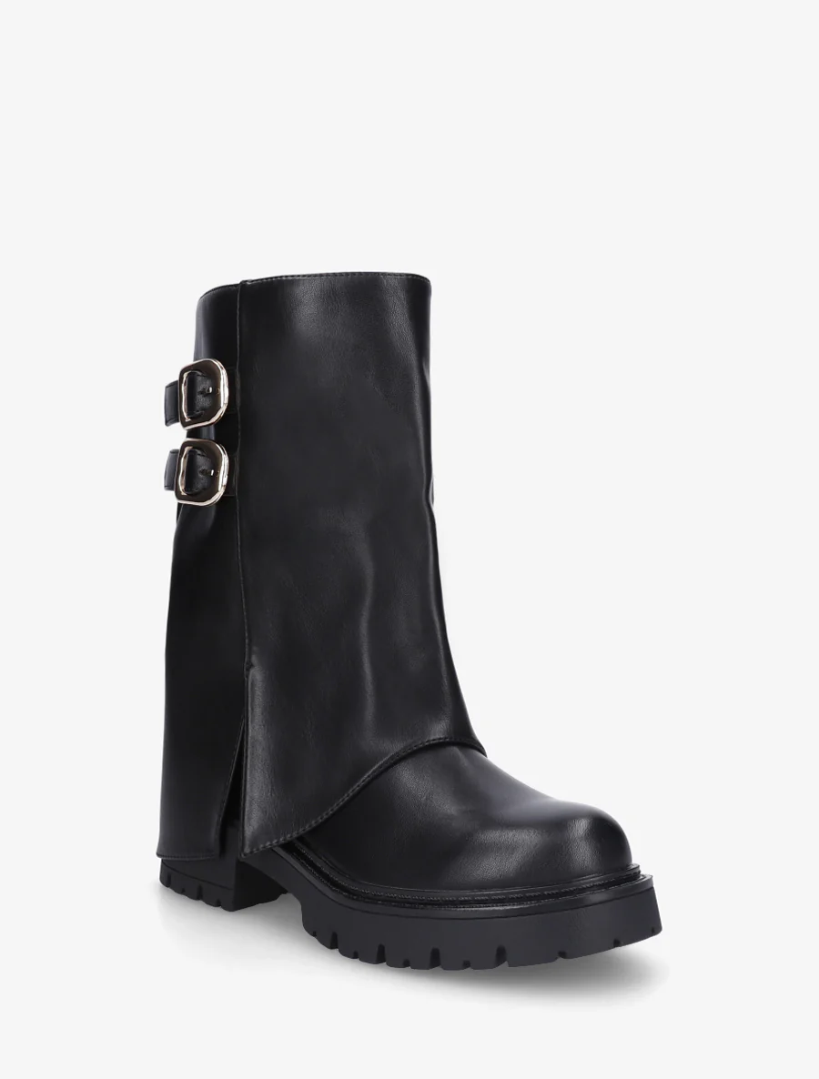 Bottines à revers et double sangles en simili - Noir - Image 2