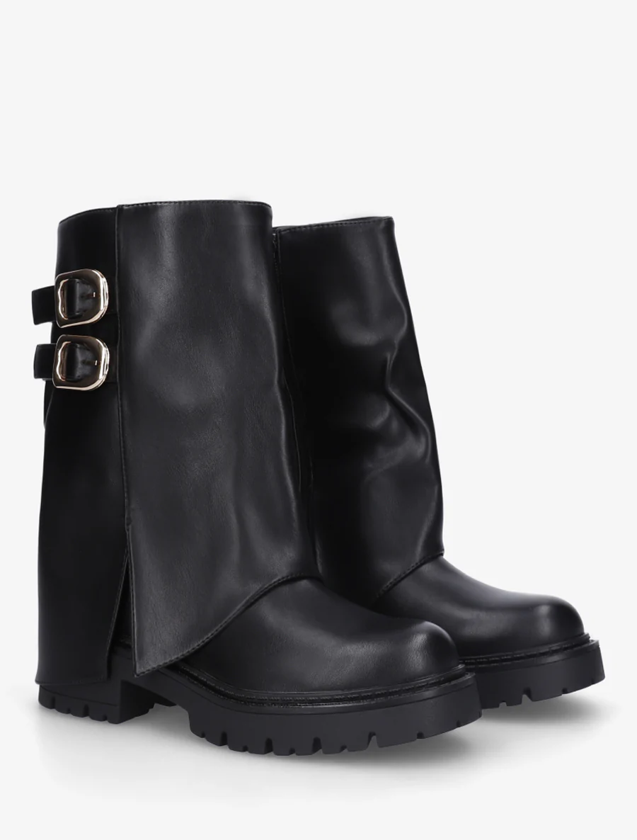 Bottines à revers et double sangles en simili - Noir - Image 4