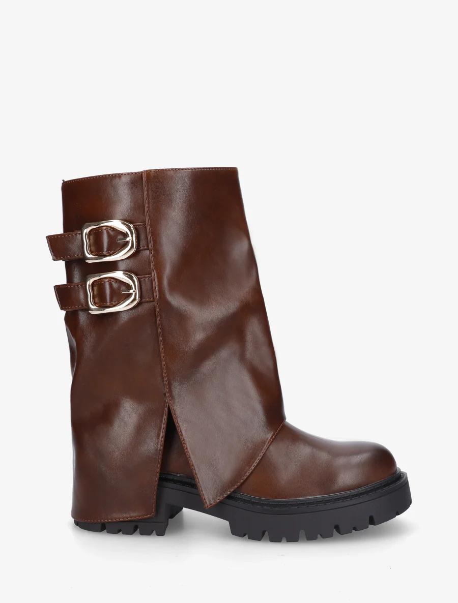 Bottines à revers et double sangles en simili - Marron