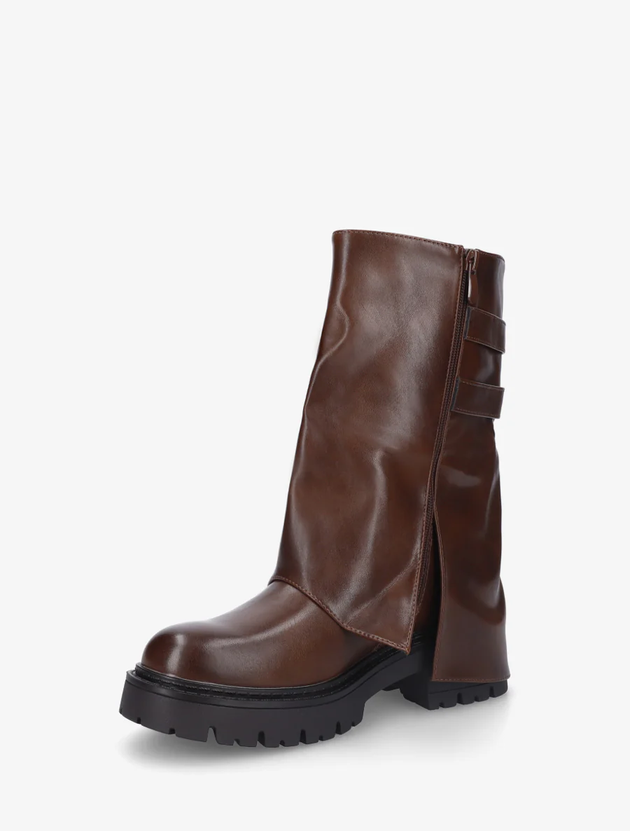 Bottines à revers et double sangles en simili - Marron - Image 3