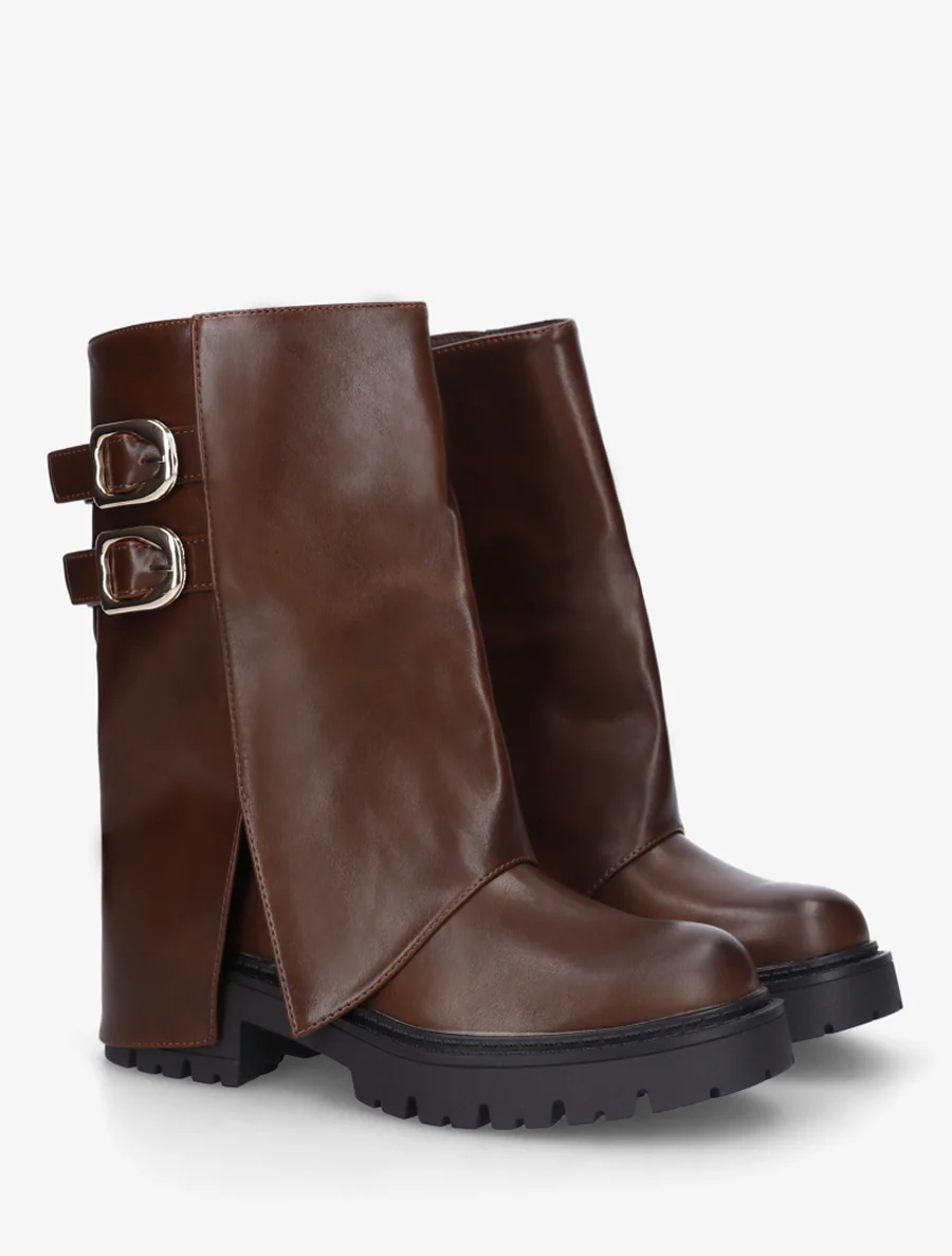 Bottines à revers et double sangles en simili - Marron - Image 4