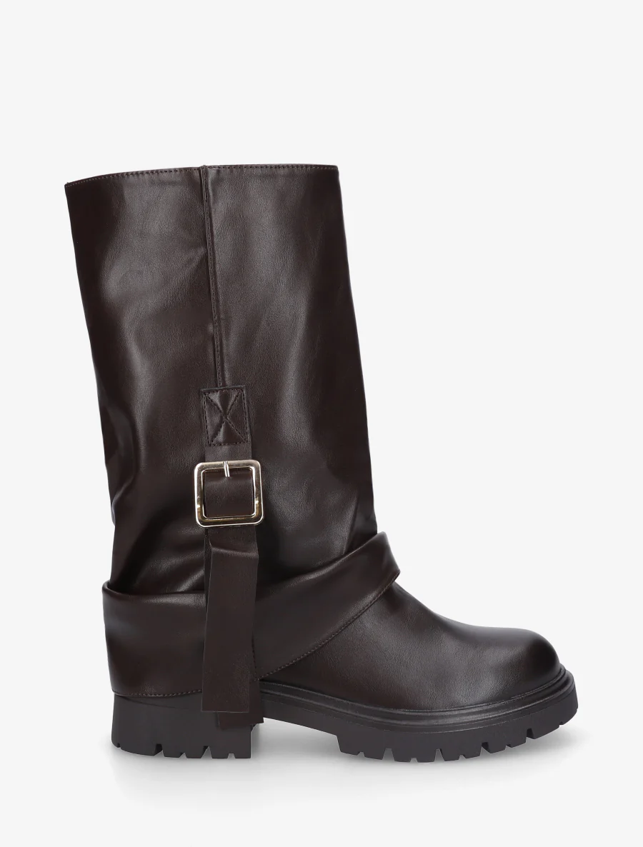 Bottines à revers et sanglées en simili - Marron