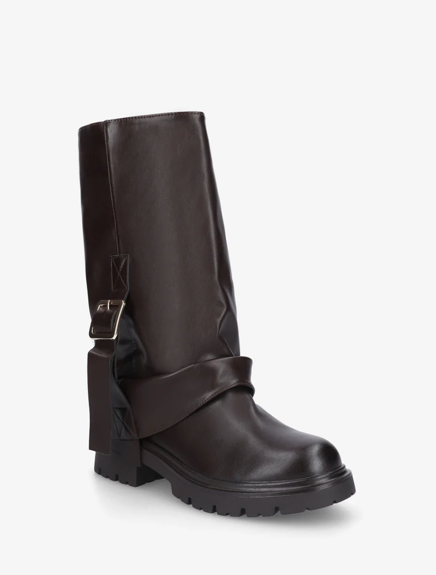 Bottines à revers et sanglées en simili - Marron - Image 2
