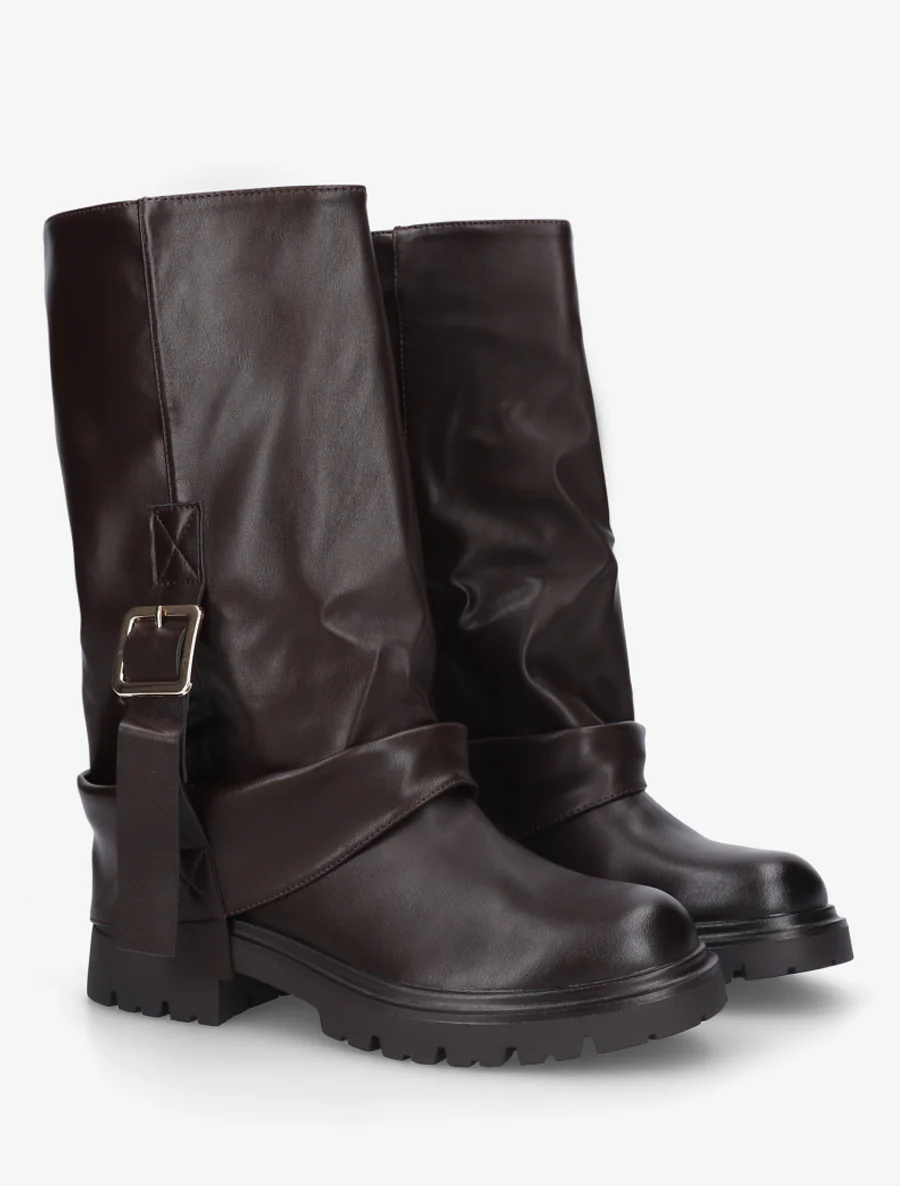 Bottines à revers et sanglées en simili - Marron - Image 4