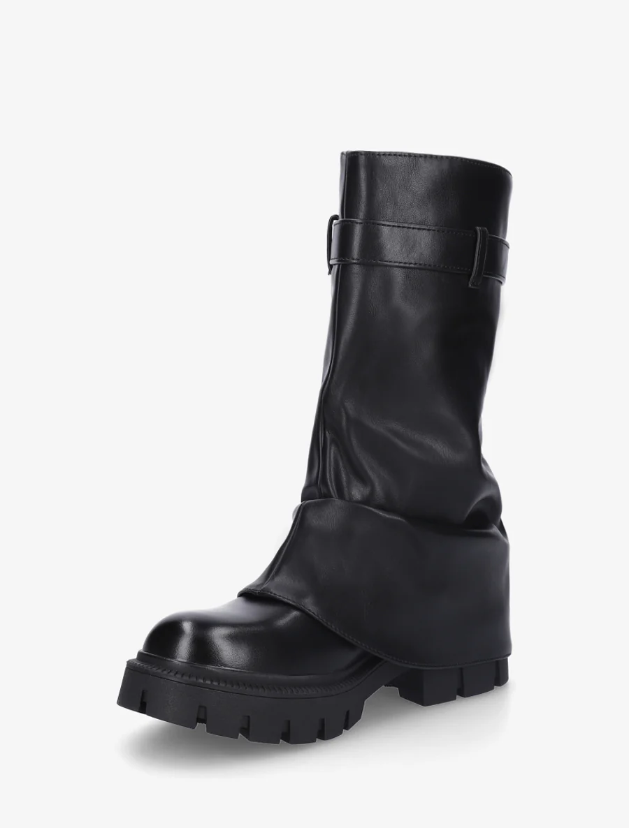 Bottines à revers et zip décoratif en simili - Noir - Image 3