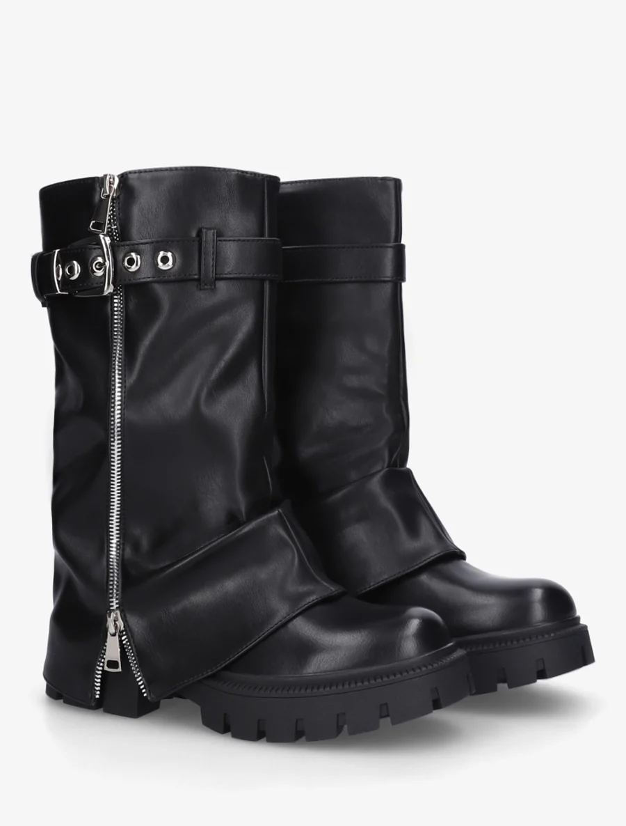 Bottines à revers et zip décoratif en simili - Noir - Image 4