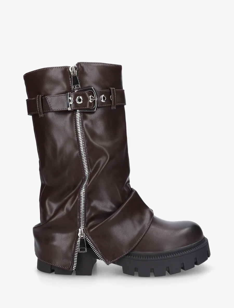 Bottines à revers et zip décoratif en simili - Marron