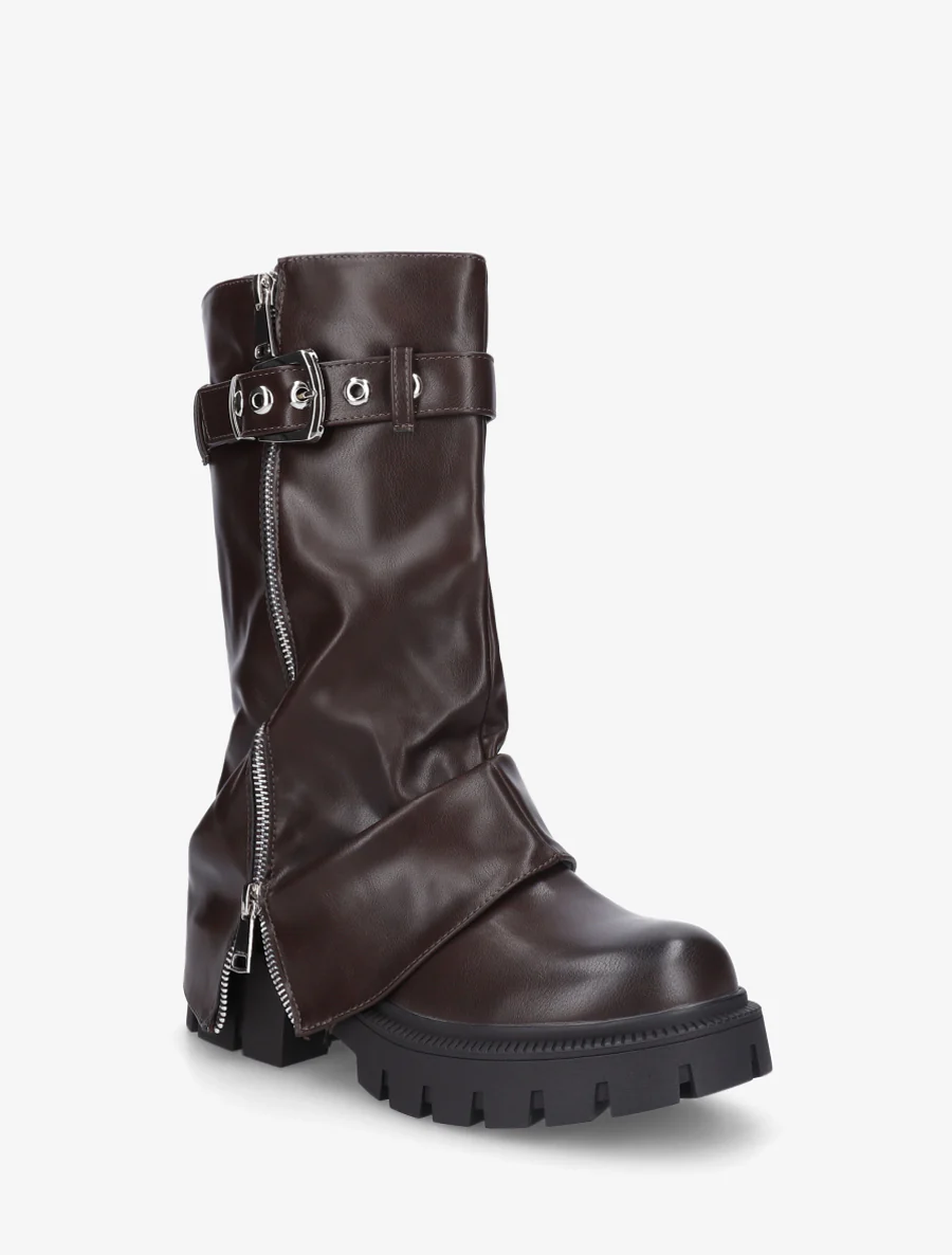 Bottines à revers et zip décoratif en simili - Marron - Image 2