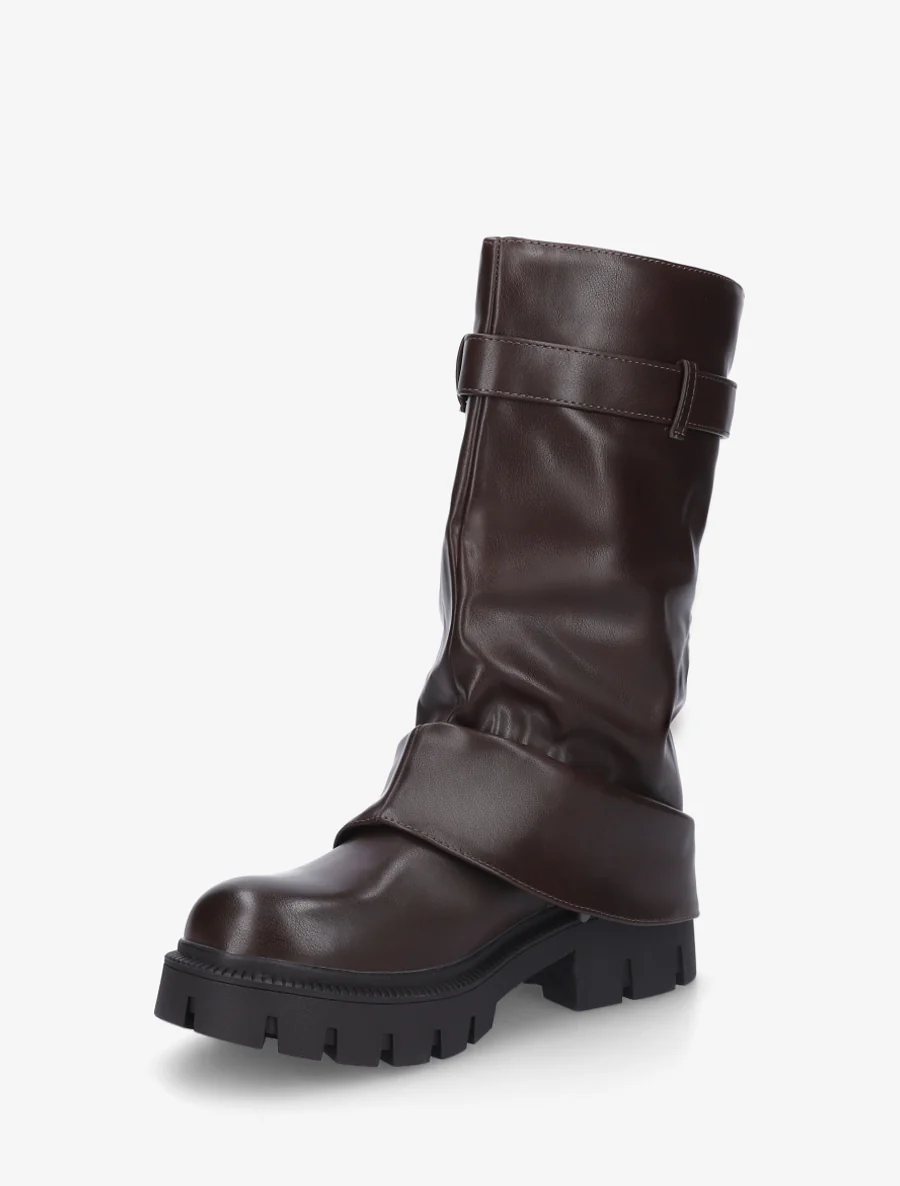 Bottines à revers et zip décoratif en simili - Marron - Image 3