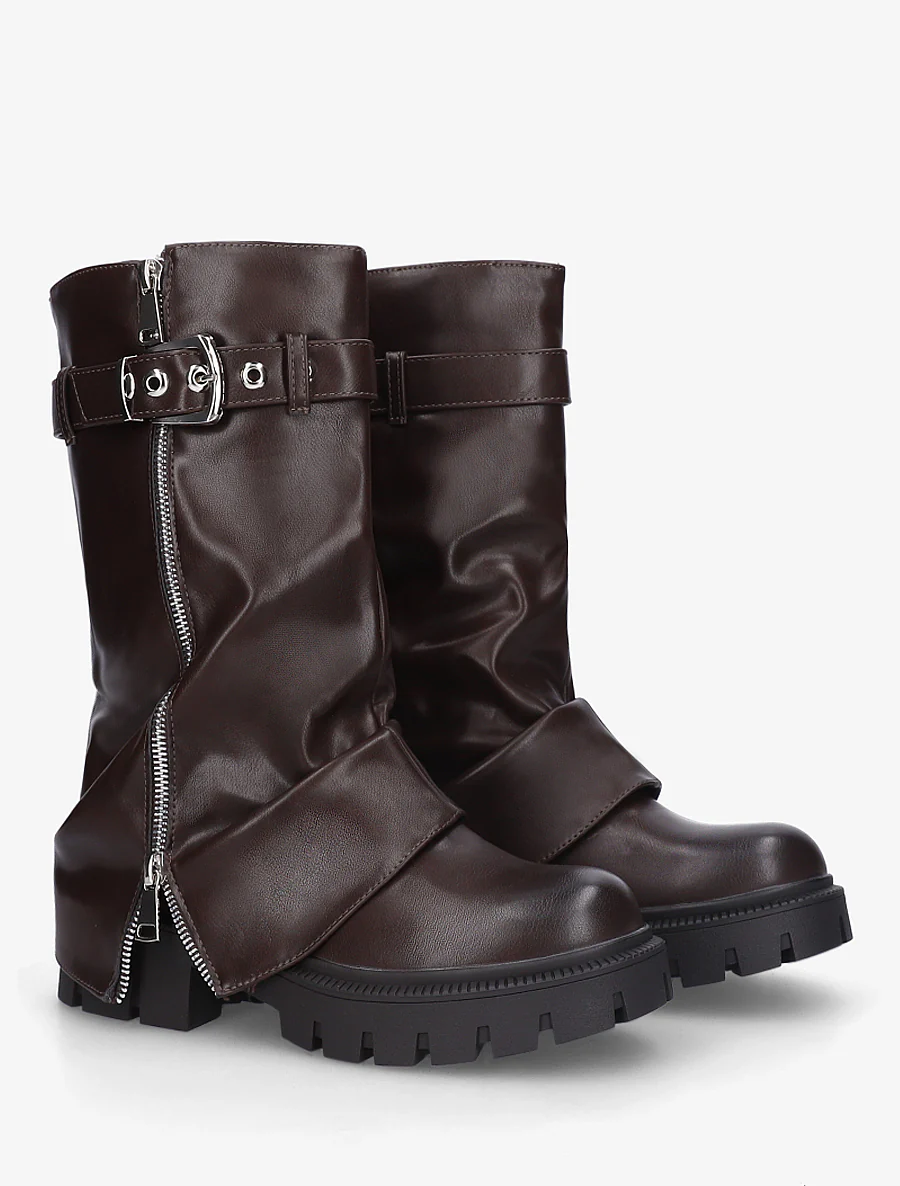 Bottines à revers et zip décoratif en simili - Marron - Image 4