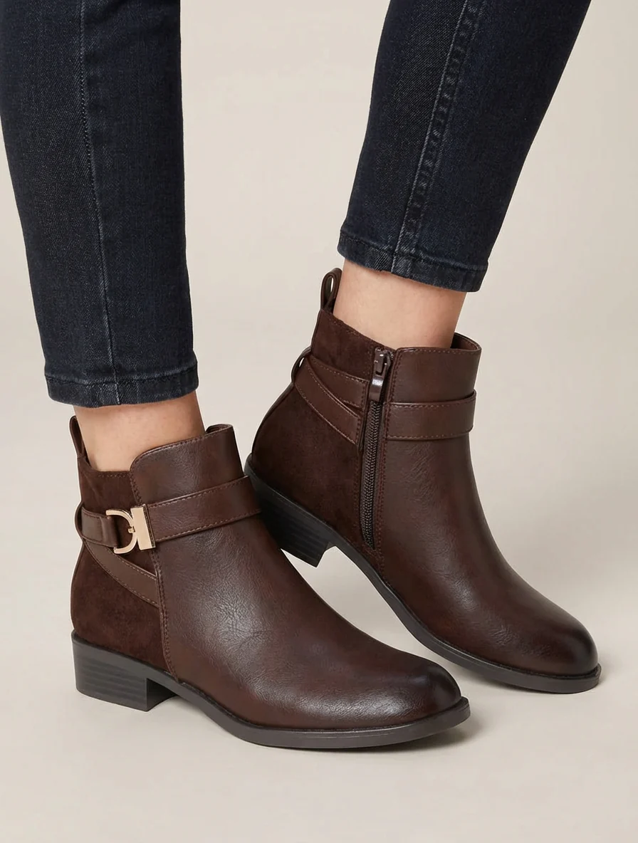 Bottines bi-matière à boucle métallique - Marron - Image 5