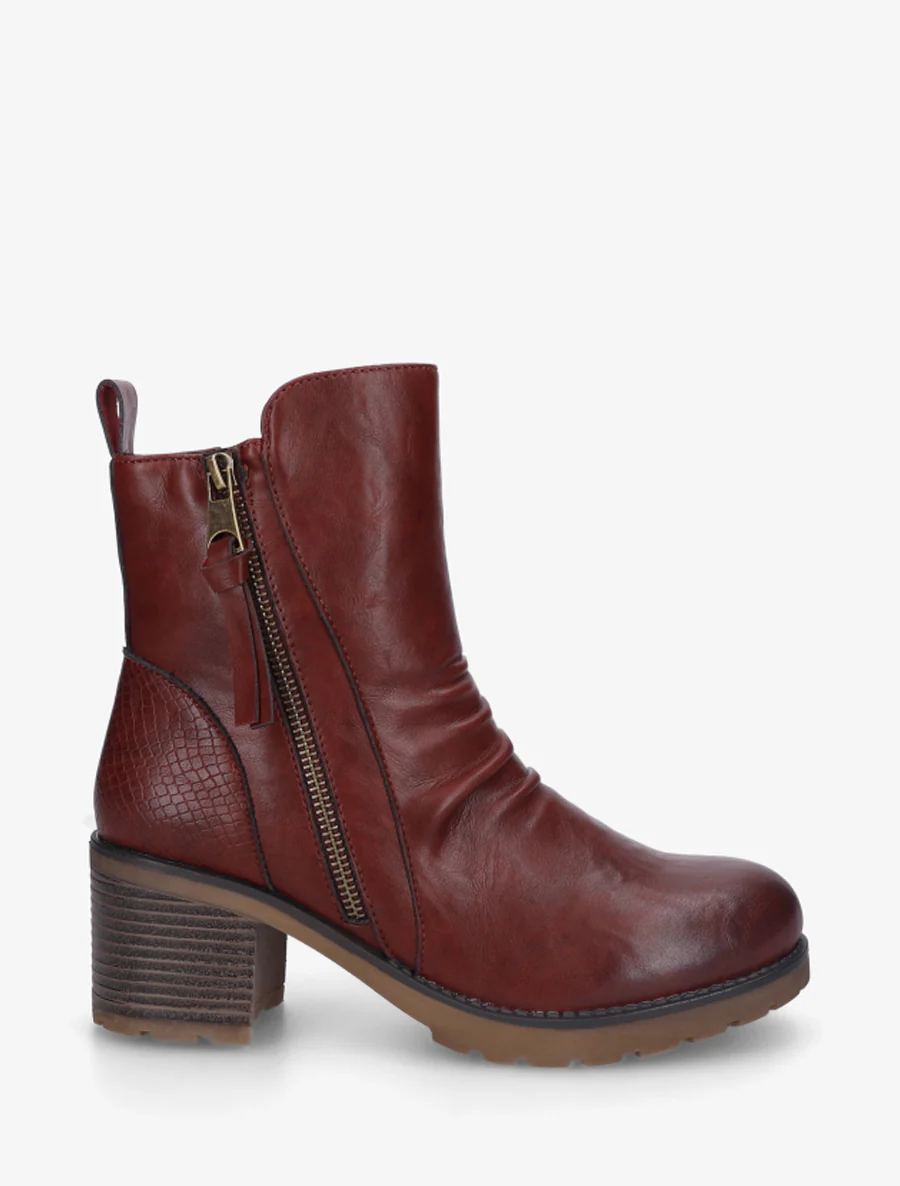 Bottines effet froissé et zip décoratif - Bordeaux