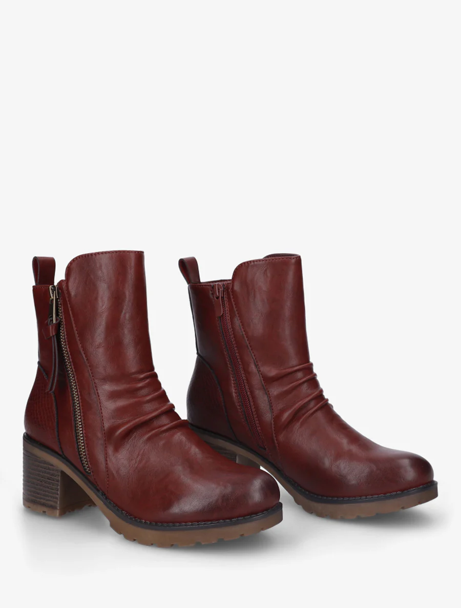 Bottines effet froissé et zip décoratif - Bordeaux - Image 4