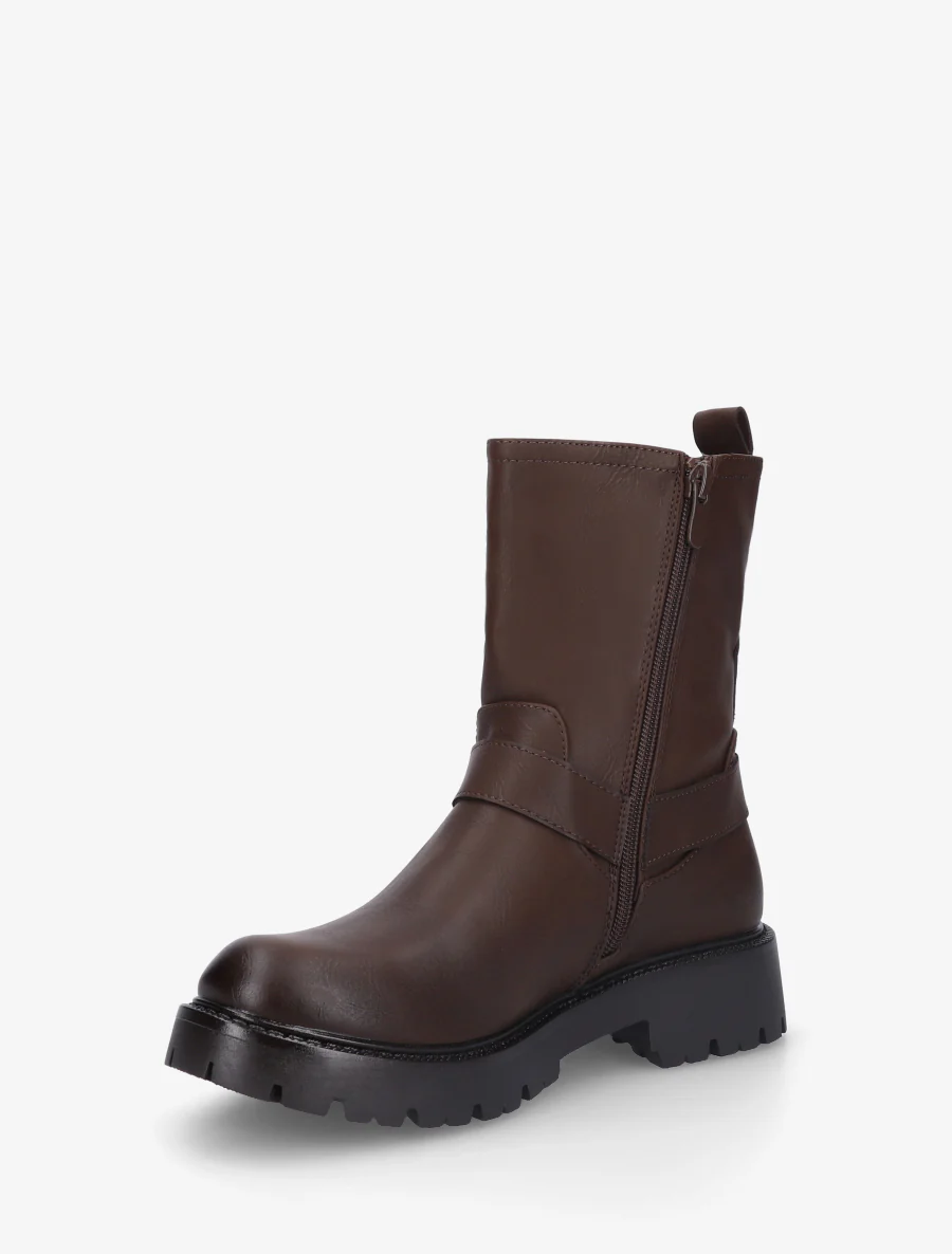 Bottines en simili à bout rond et sangle - Marron - Image 3