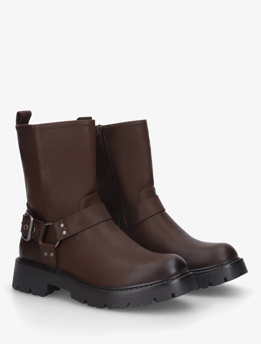 Bottines en simili à bout rond et sangle - Marron - Image 4