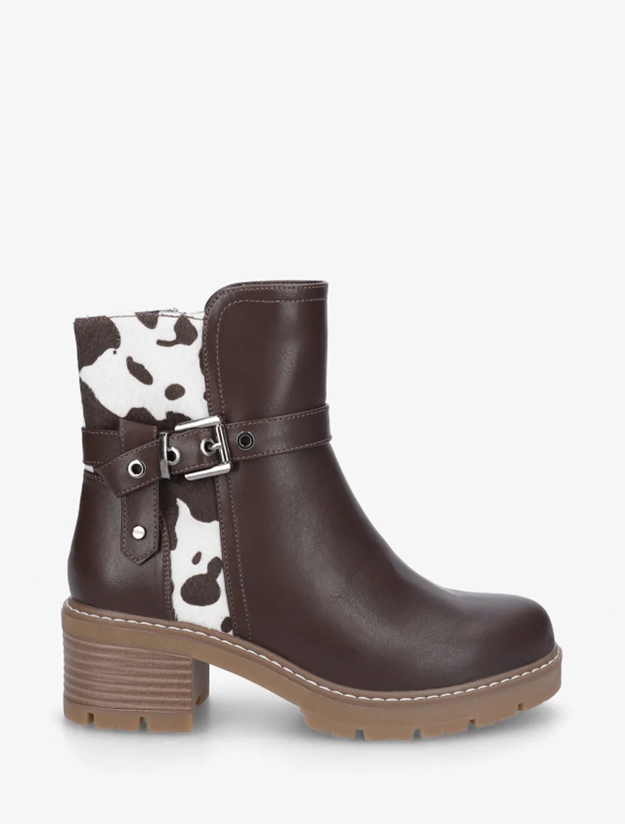 Bottines en simili à détail imprimé vache - Marron