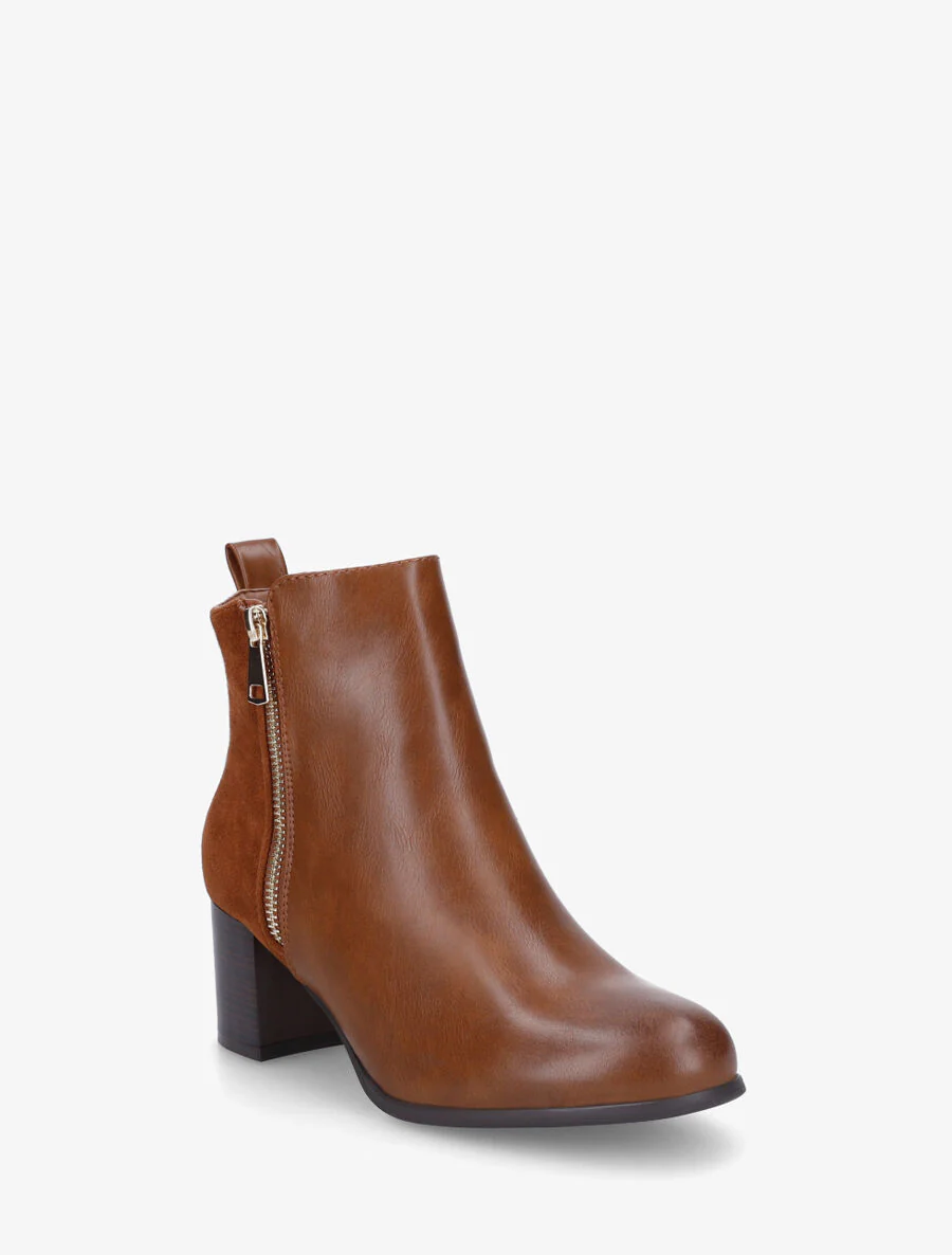 Bottines en simili et suédine à zip décoratif - Camel - Image 2