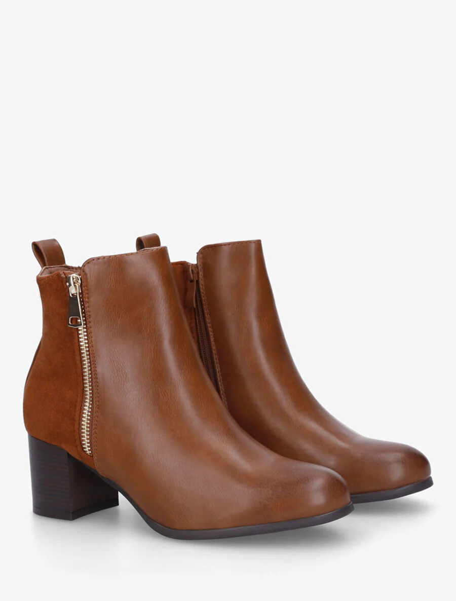 Bottines en simili et suédine à zip décoratif - Camel - Image 4