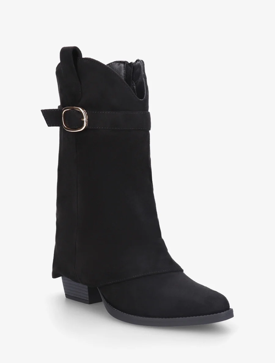 Bottines en suédine à revers et ceinturon - Noir - Image 2