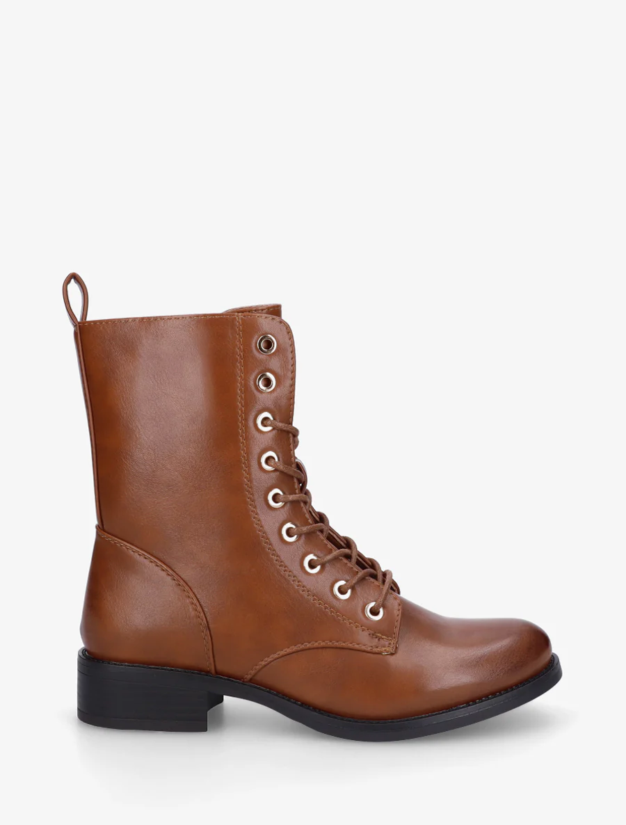 Bottines montantes à lacets en simili - Camel