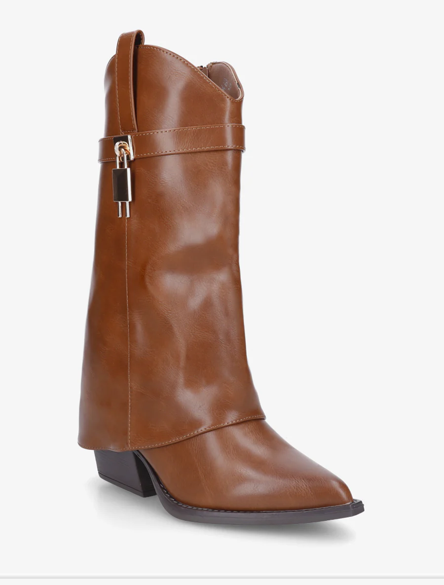 Bottines montantes à revers en simili - Camel - Image 2