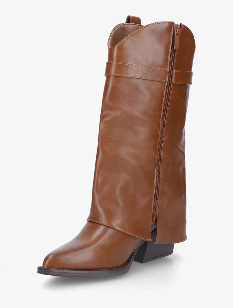 Bottines montantes à revers en simili - Camel - Image 3