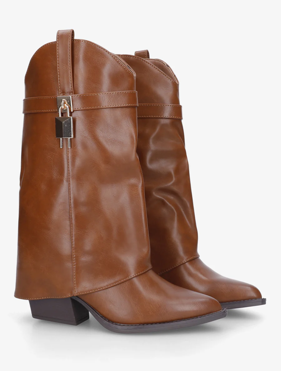 Bottines montantes à revers en simili - Camel - Image 4