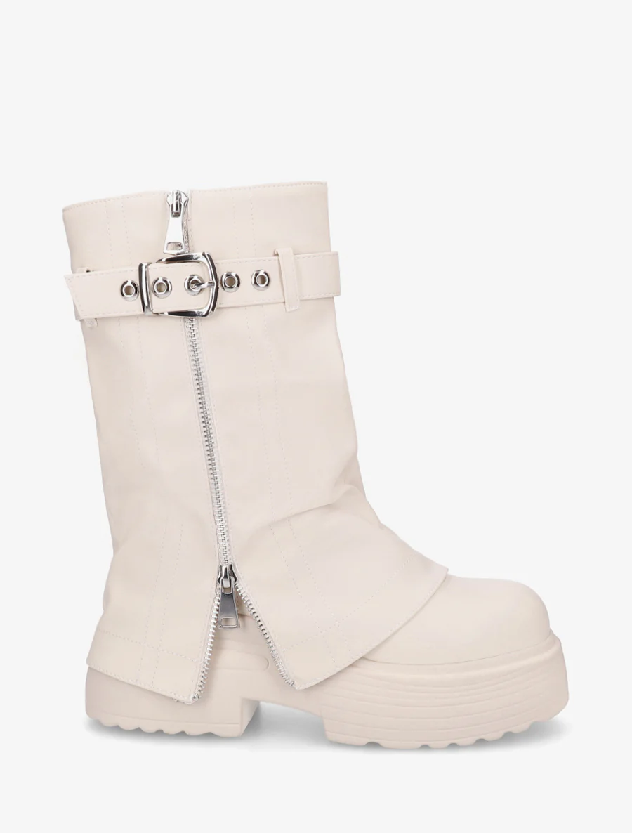 Bottines montantes à revers et zip décoratif - Beige