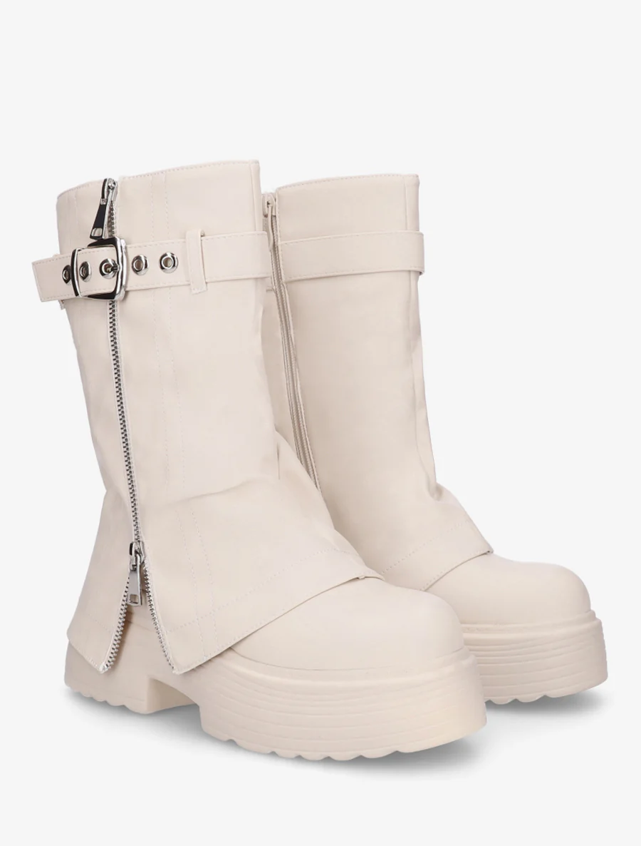 Bottines montantes à revers et zip décoratif - Beige - Image 4