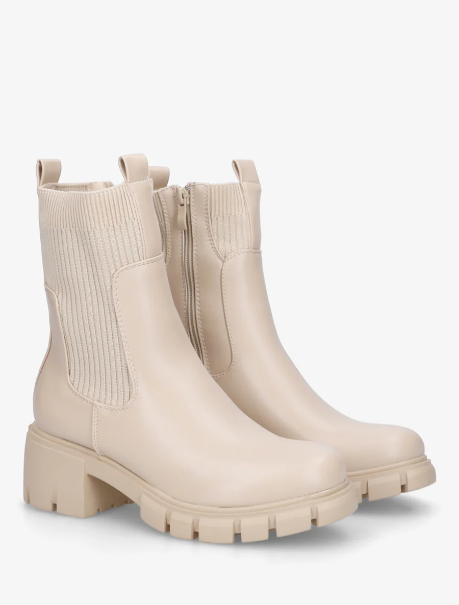 Bottines montantes bi-matière à semelle crantée - Beige - Image 4