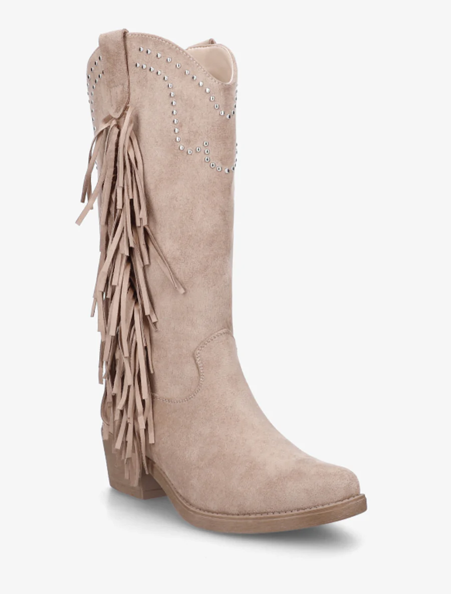 Bottines montantes cloutées et à franges - Taupe - Image 2