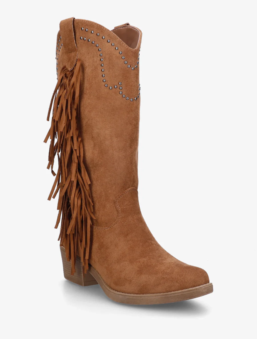 Bottines montantes cloutées et à franges - Camel - Image 2