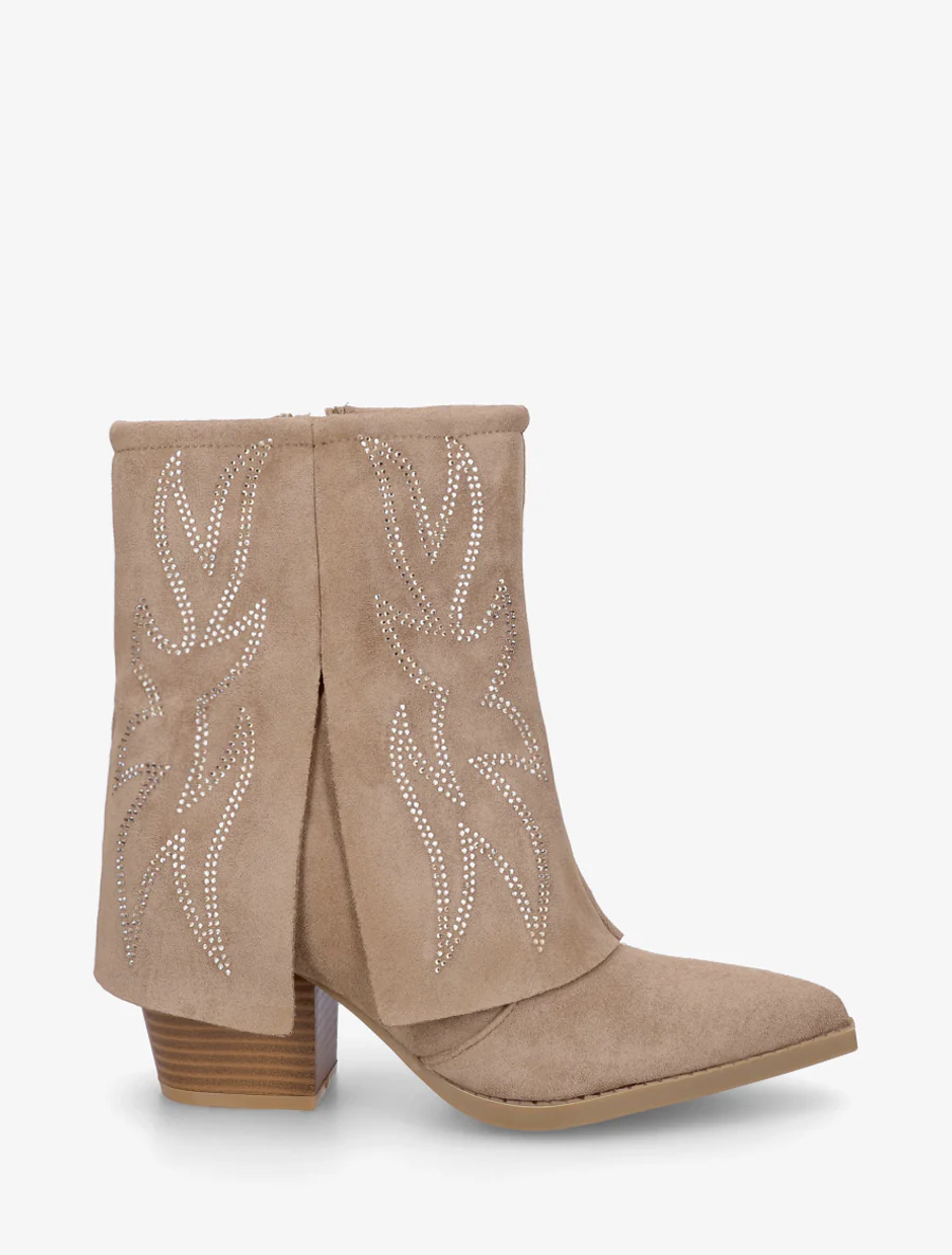 Bottines style santiags à strass - Taupe