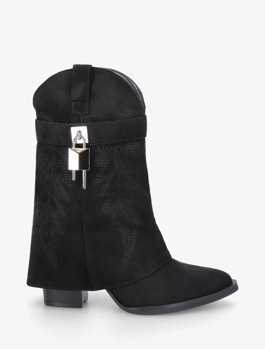 Bottines style santiags brodées à cadenas - Noir