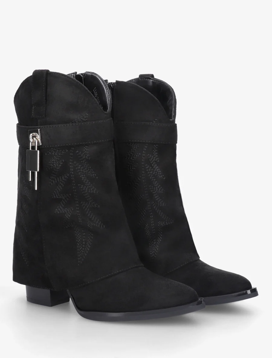 Bottines style santiags brodées à cadenas - Noir - Image 4