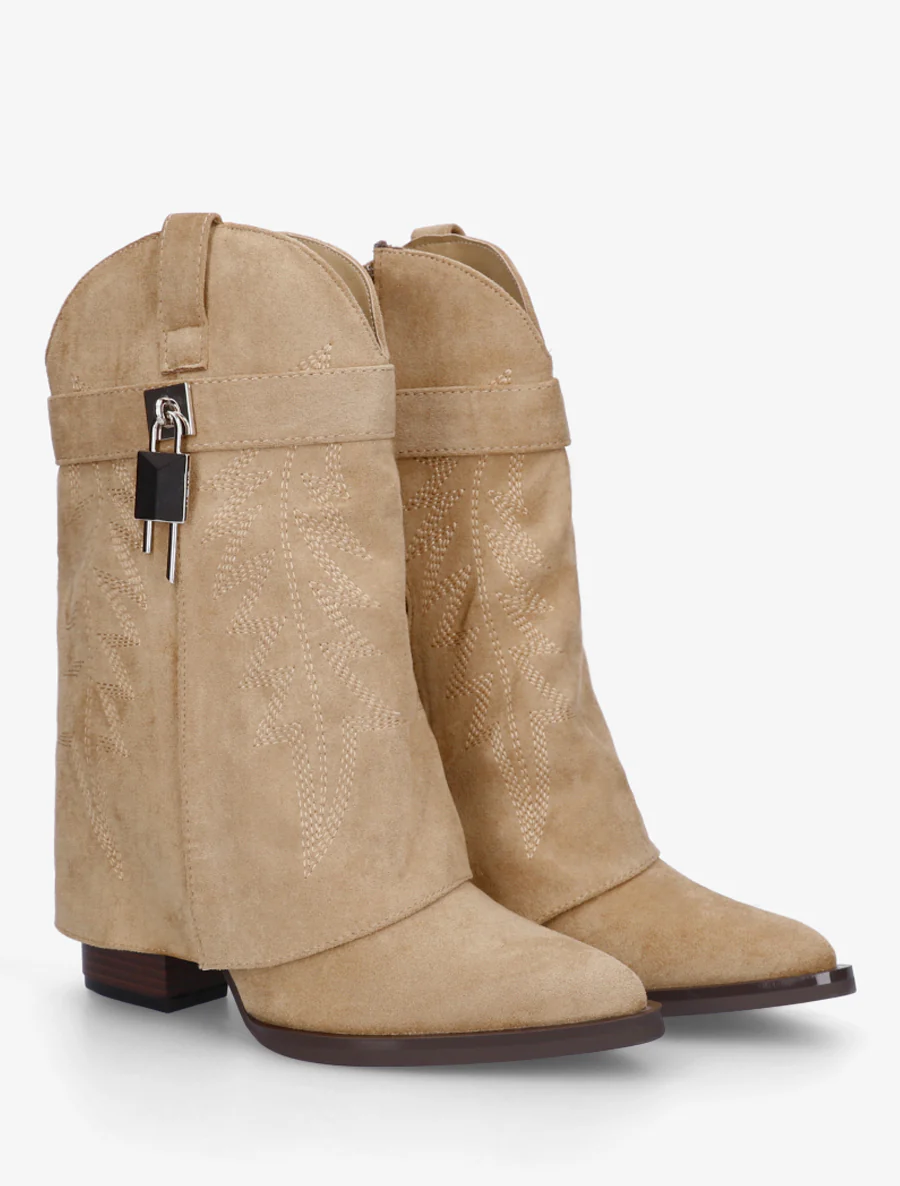 Bottines style santiags brodées à cadenas - Taupe - Image 4