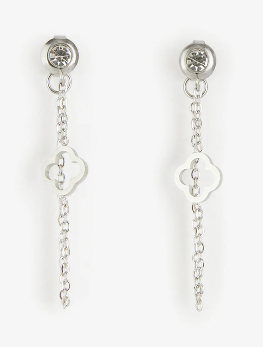 Boucles d'oreilles pendantes à fine chaîne et trèfle - Argent - Image 2