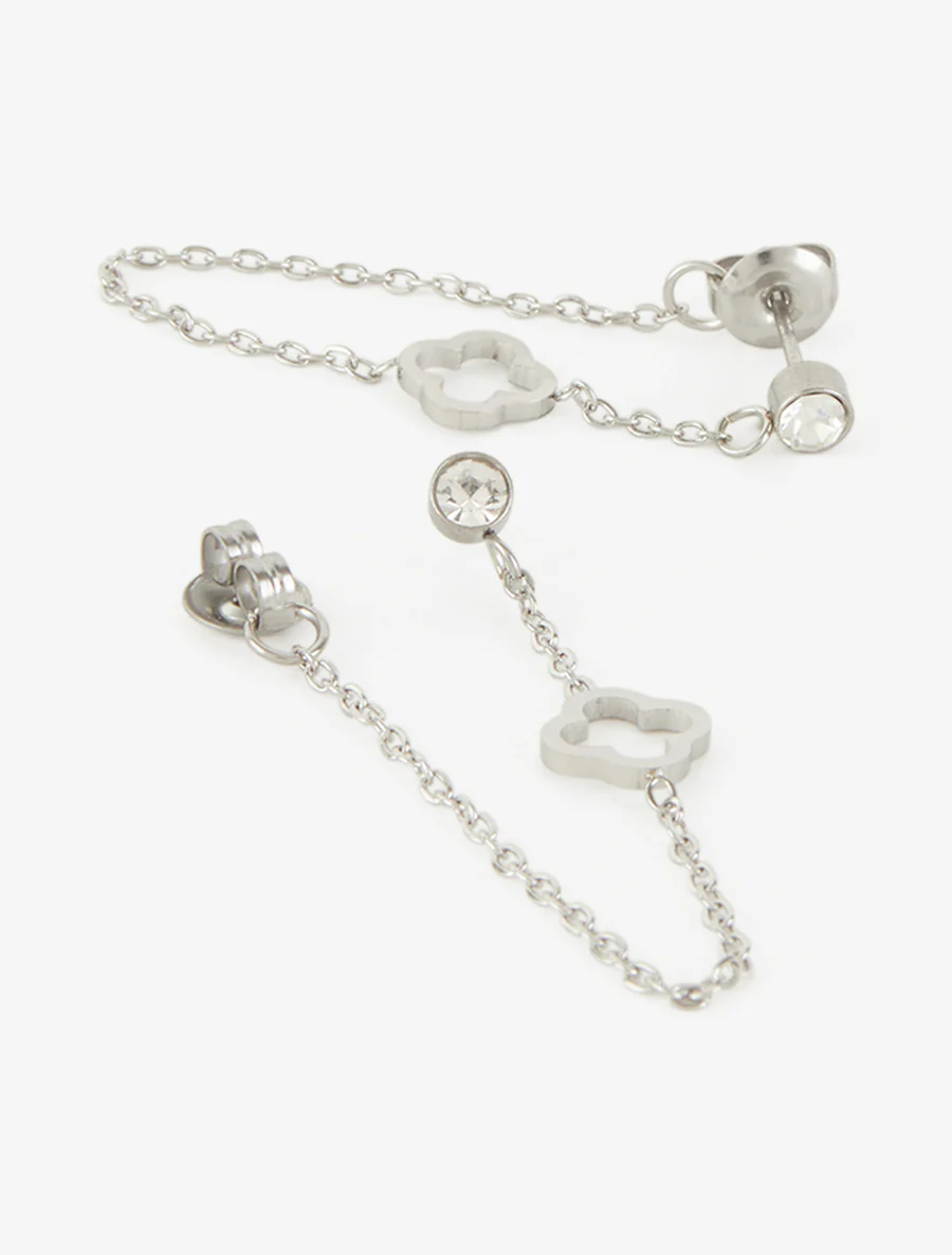 Boucles d'oreilles pendantes à fine chaîne et trèfle - Argent - Image 3