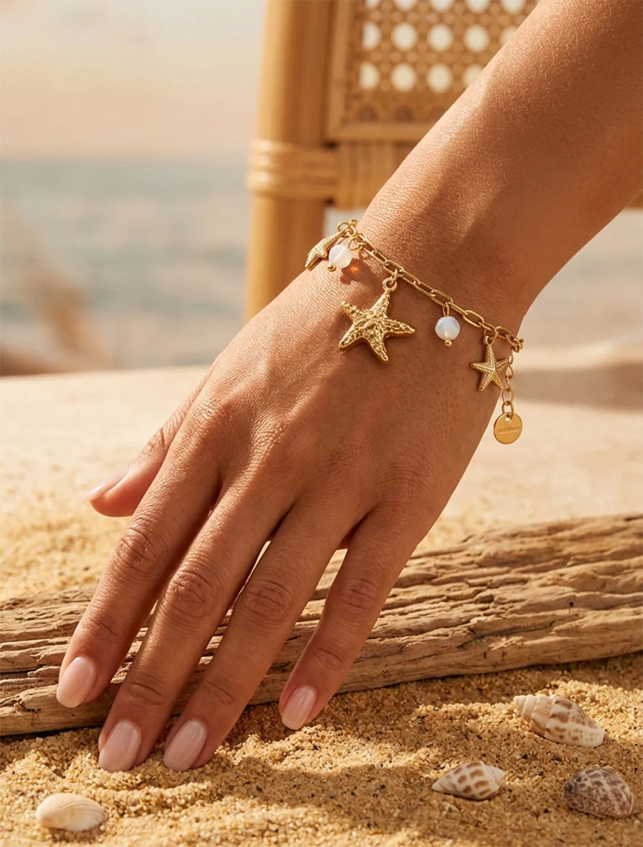 Bracelet à charms étoiles de mer et pierres colorées - Blanc
