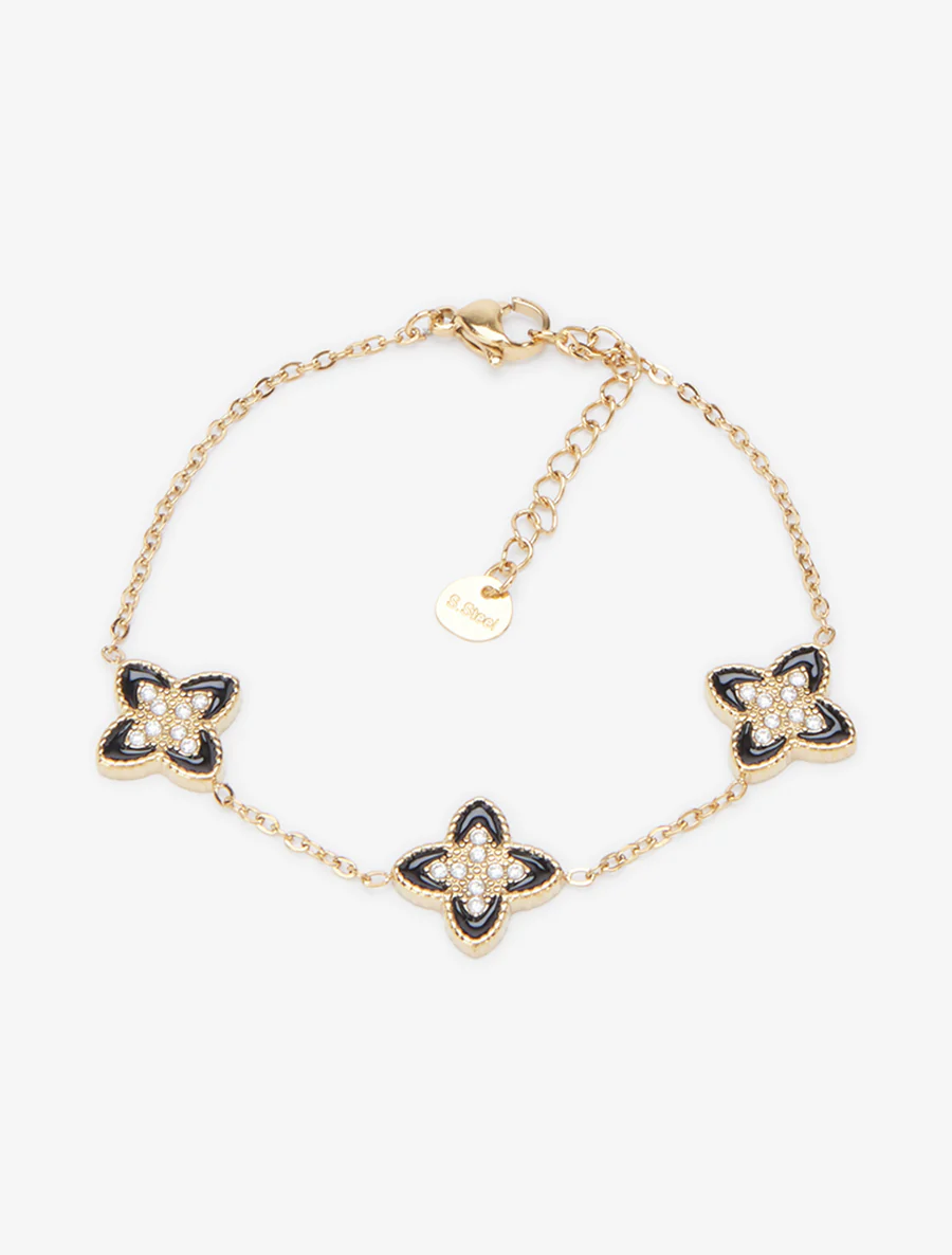Bracelet à trèfles ornées de zircons blancs - Or/noir - Image 2
