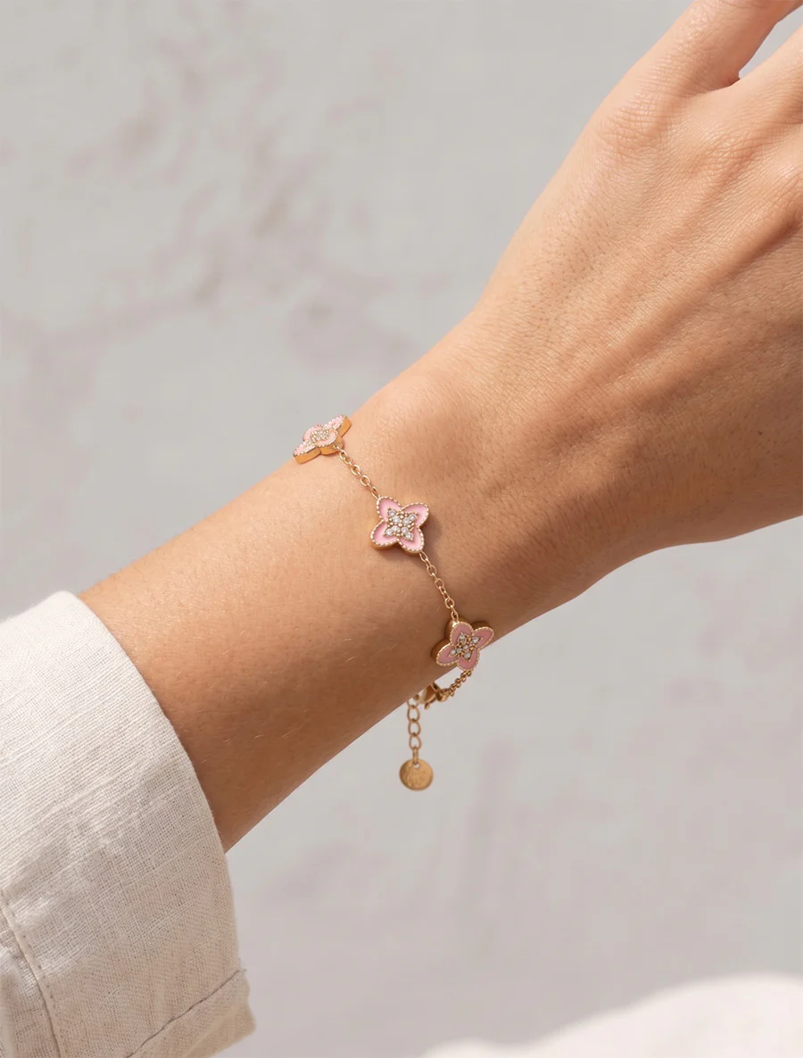 Bracelet à trèfles ornées de zircons blancs - Or/rose